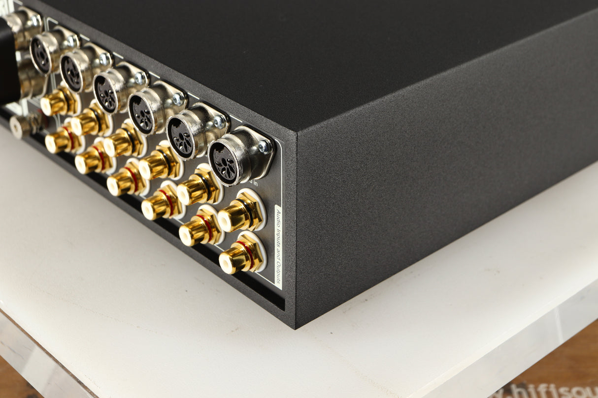 Rear left corner of a used Naim Supernait 3 Integrated Amplifier in a black finish