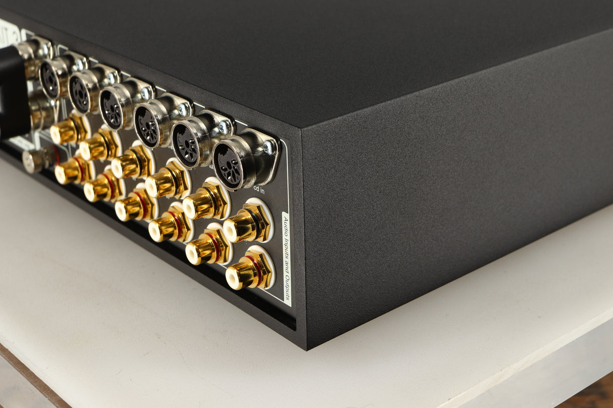 Rear left corner of a used Naim Supernait 3 Integrated Amplifier in a black finish