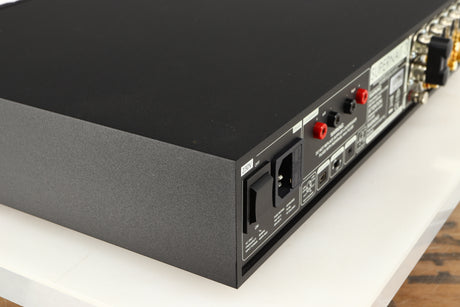 Rear right corner of a used Naim Supernait 3 Integrated Amplifier in a black finish
