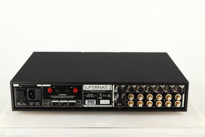 Rear view of a used Naim Supernait 3 Integrated Amplifier in a black finish showing Phono Inputs, Phono Outputs, Mains Input, USB Input and Speaker Outputs