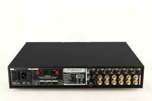 Rear view of a used Naim Supernait 3 Integrated Amplifier in a black finish showing Mains Input, Phono Inputs, Phono Outputs and USB Input