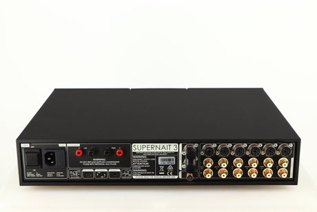Rear view of a used Naim Supernait 3 Integrated Amplifier in a black finish showing Mains Input, Phono Inputs, Phono Outputs and USB Input