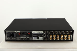 Rear view of a used Naim Supernait 3 Integrated Amplifier in a black finish showing Phono Inputs, Phono Outputs, USB Input, Speaker Outputs and Mains Input 