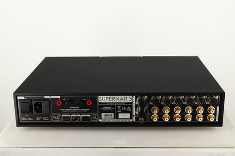 Rear view of a used Naim Supernait 3 Integrated Amplifier in a black finish showing Phono Inputs, Phono Outputs, USB Input, Speaker Outputs and Mains Input 