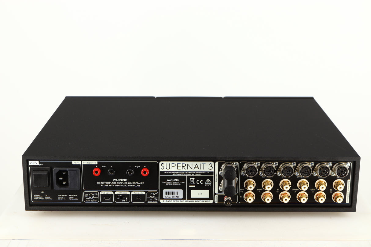 Rear view of a used Naim Supernait 3 Integrated Amplifier in a black finish showing Mains Input, Phono Inputs, Phono Outputs and USB Input