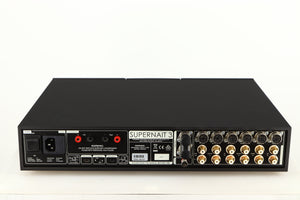 Rear view of a used Naim Supernait 3 Integrated Amplifier in a black finish showing Mains Input, Phono Inputs, Phono Outputs and USB Input