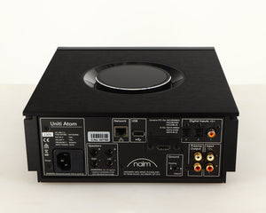 Rear view of a used Naim Uniti Atom HDMI Integrated System in a black finish showing Mains Input, USB Input, Network Input, Phono Inputs, Phono Outputs, Optical Inputs, Speaker Outputs and HDMI Output