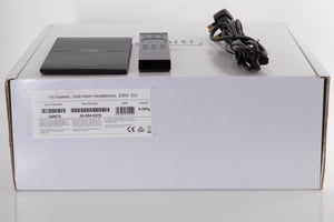Box of a used Naim Uniti Atom Headphone Edition Integrated System with mains cable, manual, and remote