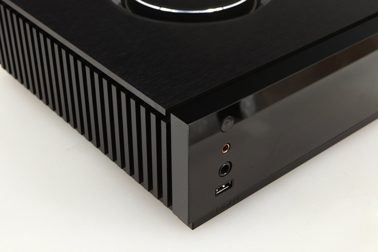 Front left corner of a used Naim Uniti Atom Headphone Edition Streaming Amplifier in a black finish