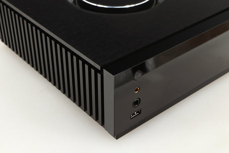 Front left corner of a used Naim Uniti Atom Headphone Edition Streaming Amplifier in a black finish