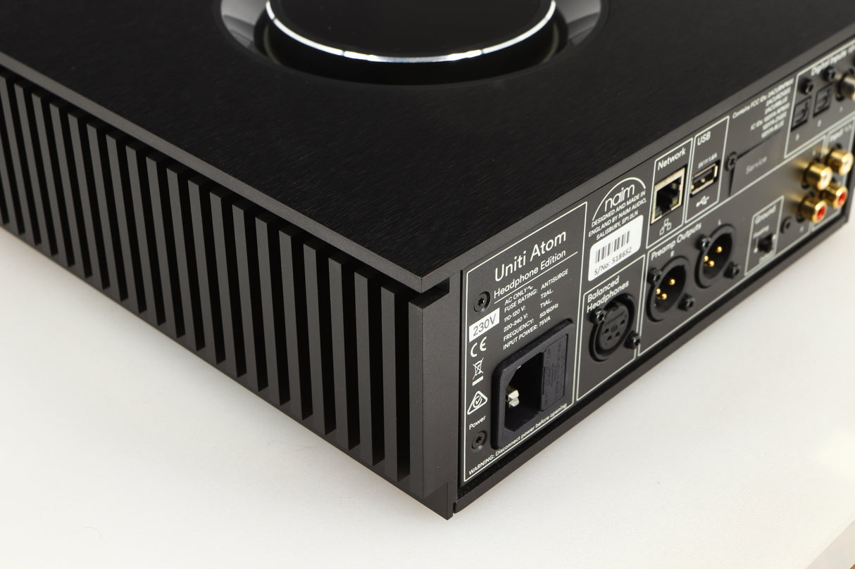 Rear right corner of a used Naim Uniti Atom Headphone Edition Streaming Amplifier in a black finish