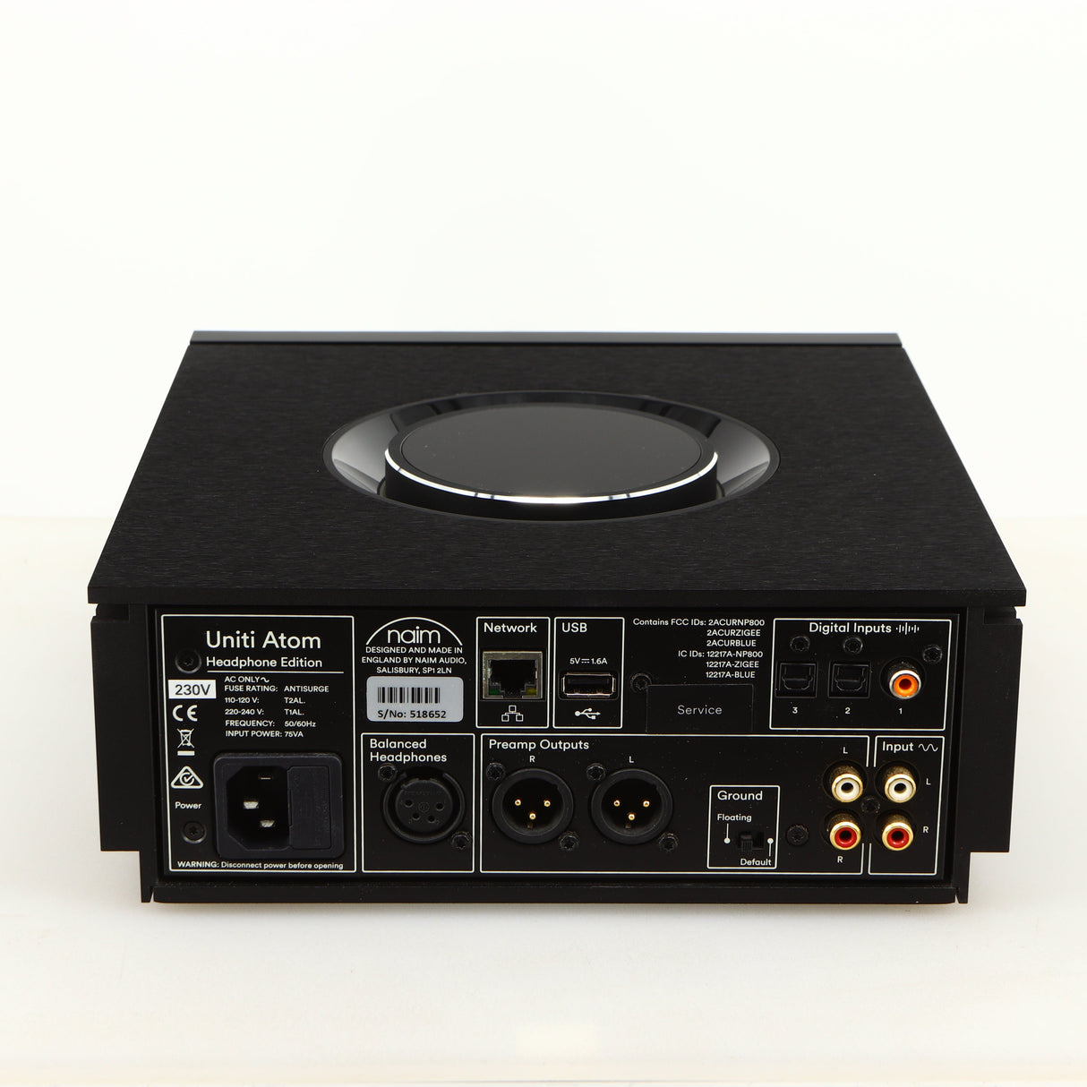 Rear view of a used Naim Uniti Atom Headphone Edition Streaming Amplifier in a black finish showing Mains Input, Network Input, USB Input, Optical Inputs and Phono Inputs