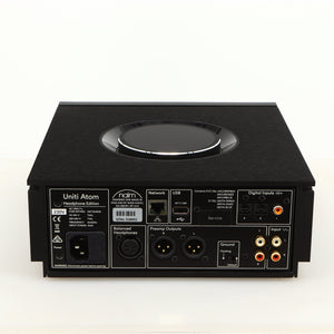 Rear view of a used Naim Uniti Atom Headphone Edition Streaming Amplifier in a black finish showing Mains Input, Network Input, USB Input, Optical Inputs and Phono Inputs