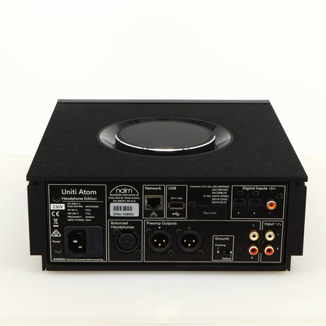 Rear view of a used Naim Uniti Atom Headphone Edition Streaming Amplifier in a black finish showing Mains Input, Network Input, USB Input, Optical Inputs and Phono Inputs