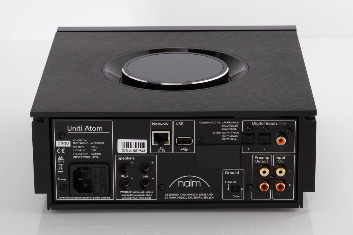 Rear view of a used Naim Uniti Atom Integrated System in a Black finish showing Mains Input, USB Input, Network Input, Phono Inputs, Phono Outputs and Optical Inputs