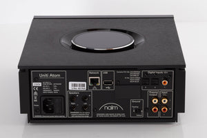 Rear view of a used Naim Uniti Atom Integrated System in a Black finish showing Mains Input, USB Input, Network Input, Phono Inputs, Phono Outputs and Optical Inputs