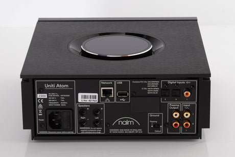 Rear view of a used Naim Uniti Atom Integrated System in a Black finish showing Mains Input, USB Input, Network Input, Phono Inputs, Phono Outputs and Optical Inputs