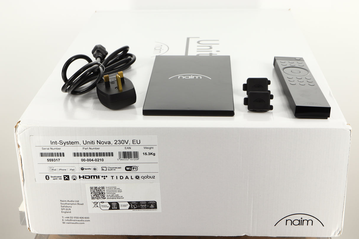 Box of a used Naim Uniti Nova Integrated Music System with mains cable, remote,manual, and 2x speaker plugs