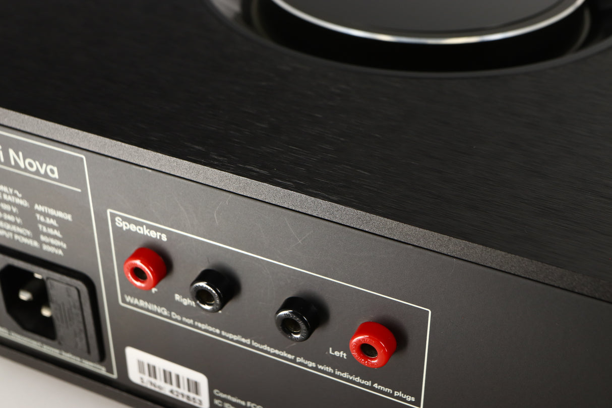 Close up of a used Naim Uniti Nova Integrated System in a black finish showing light scratching on rear
