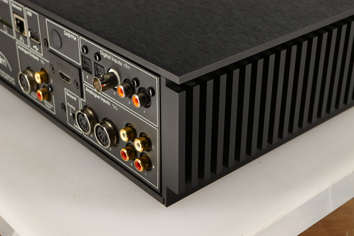 Rear left corner of a used Naim Uniti Nova Integrated System in a black finish