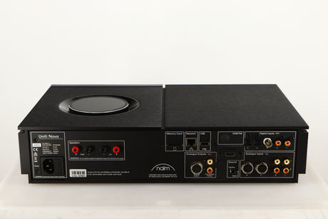 Rear view of a used Naim Uniti Nova Integrated System in a black finish showing Mains Input, Speaker Outputs, Phono Inputs, Phono Outputs, XLR Inputs, XLR Output, Optical Inputs, USB Input and Network Input