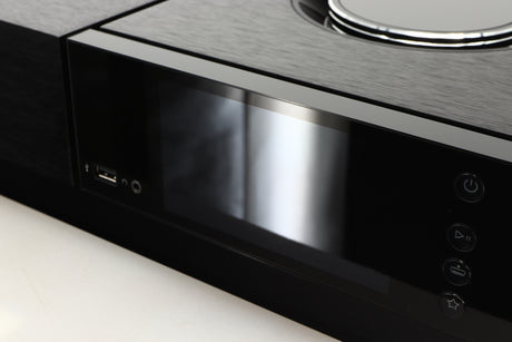 Close up of a Naim Uniti Nova Power Edition Streaming System in a black finish showing screen