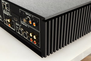 Rear left corner of a Naim Uniti Nova Power Edition Streaming System in a black finish