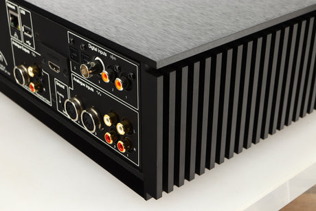 Rear left corner of a Naim Uniti Nova Power Edition Streaming System in a black finish