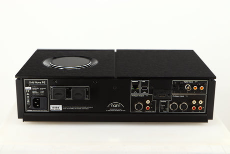 Rear view of a Naim Uniti Nova Power Edition Streaming System in a black finish showing HDMI Input, Mains Input, XLR Inputs, XLR Output, USB Input, Network Input, Phono Inputs and Phono Outputs