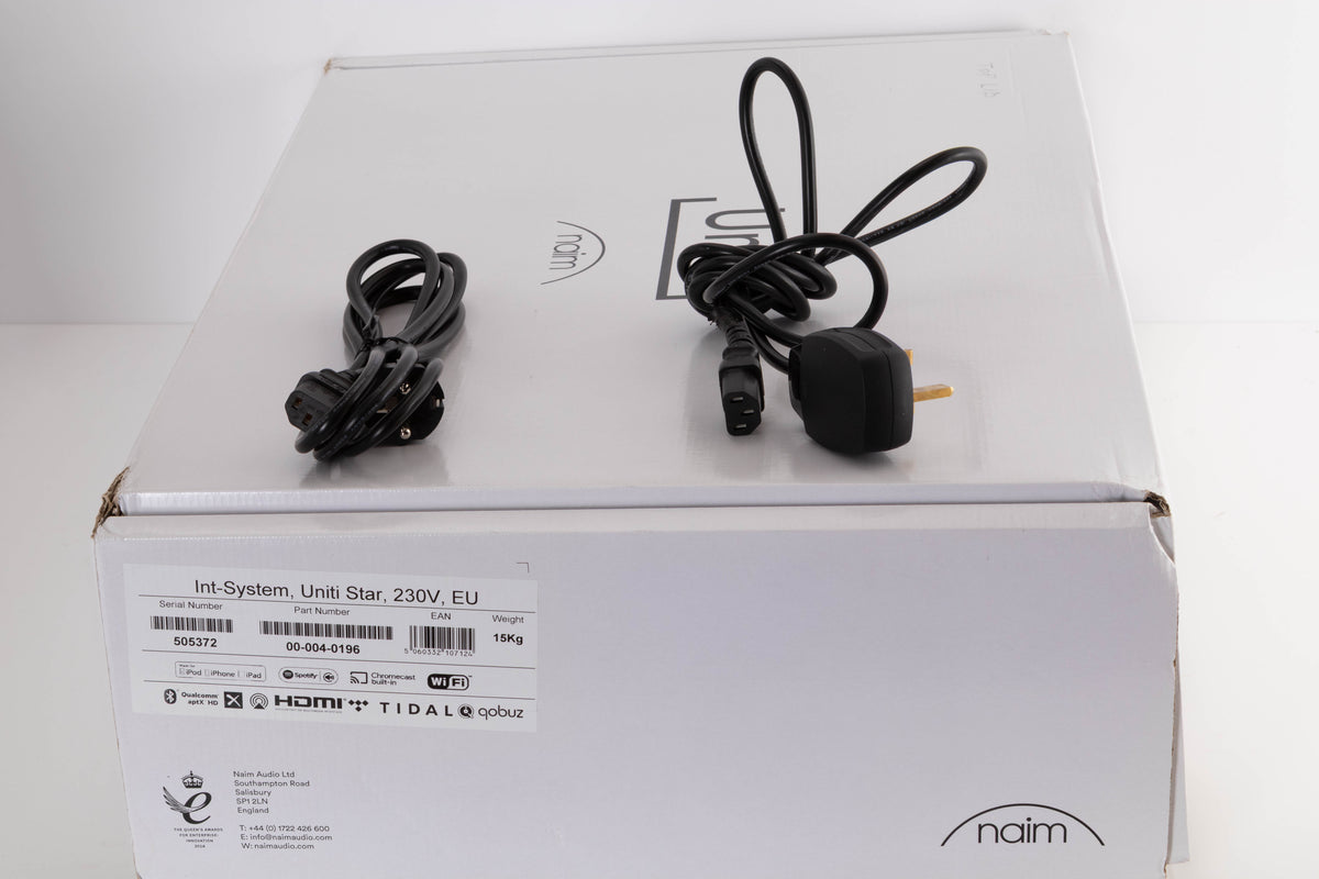 Box for a used Naim Uniti Star Integrated Music System in a Black finish showing Schuko Cable and Mains Cable