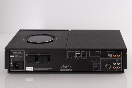 Rear view of a used Naim Uniti Star Integrated Music System in a Black finish showing Mains Input, Phono Inputs, Phono Outputs, USB Input, Network Input, Optical Inputs and Analogue Input