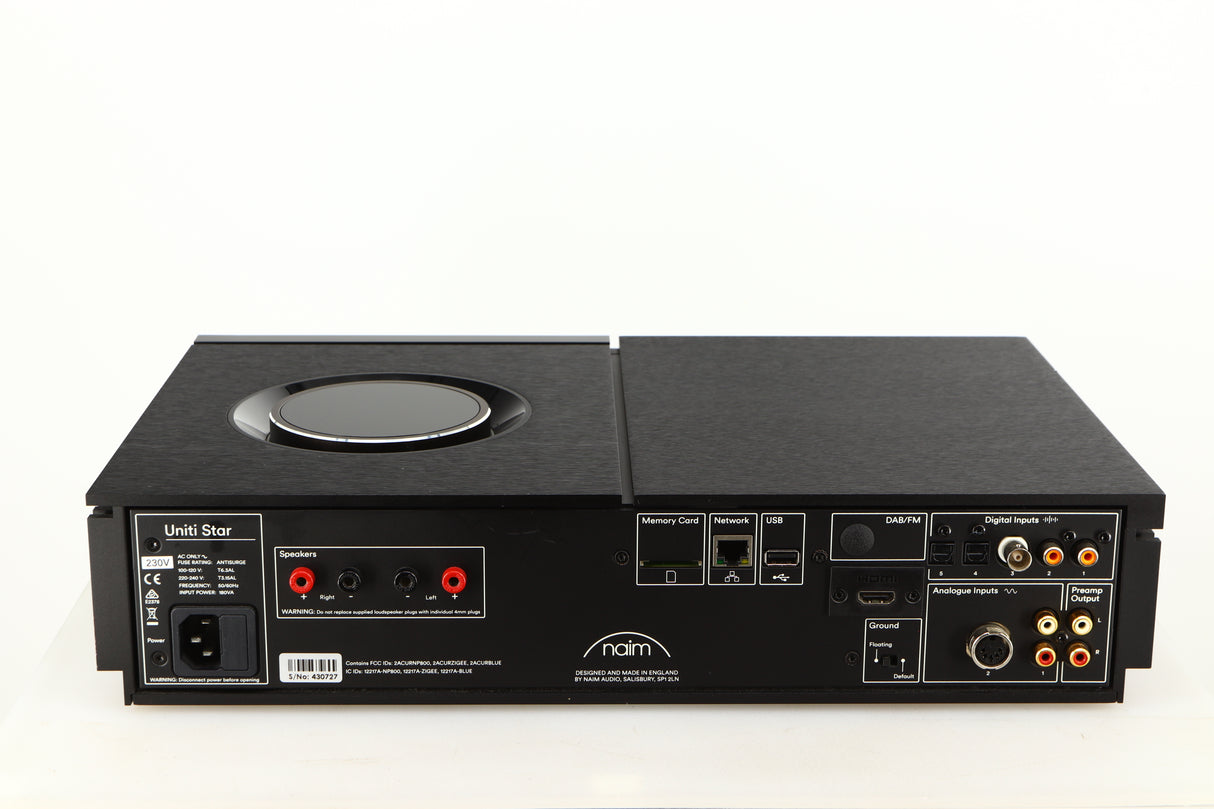 Rear view of a used Naim Uniti Star Integrated Music System in a black finish showing Phono Inputs, Phono Outputs, Mains Input, Optical Inputs, USB Input and Network Input