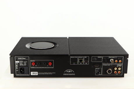 Rear view of a used Naim Uniti Star Integrated Music System in a black finish showing Phono Inputs, Phono Outputs, Mains Input, Optical Inputs, USB Input and Network Input