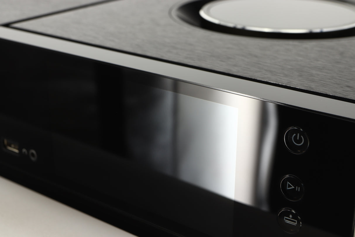 Close up of a used Naim Uniti Star Integrated Music System in a black finish showing screen