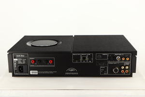 Rear view of a used Naim Uniti Star Integrated Music System in a black finish showing Phono Inputs, Phono Outputs, USB Input, Network Input, Speaker Outputs, Mains Input, DIN Input and Optical Inputs