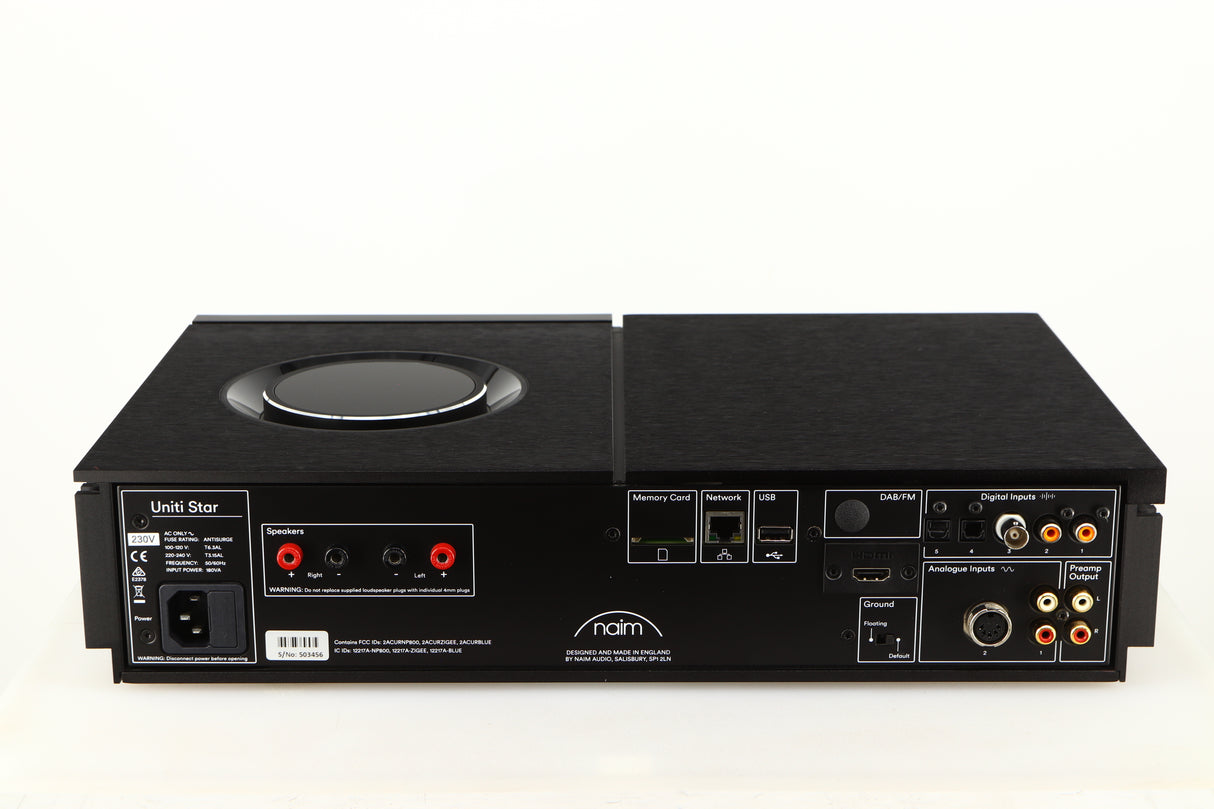 Rear view of a used Naim Uniti Star Streaming System in a black finish showing Phono Inputs, Phono Outputs, Mains Input, Network Input, Speaker Outputs, Optical Inputs and USB Input