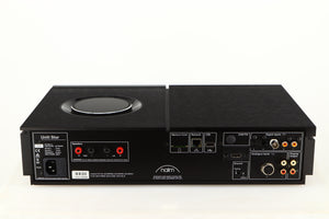 Rear view of a used Naim Uniti Star Streaming System in a black finish showing Phono Inputs, Phono Outputs, Mains Input, Network Input, Speaker Outputs, Optical Inputs and USB Input