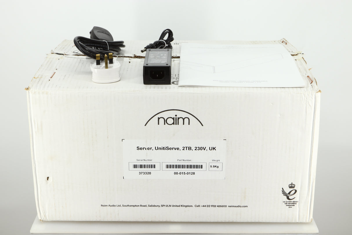 Box of a used Naim Unitiserve 2TB Music Server showing mains cable and manual