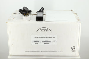 Box of a used Naim Unitiserve 2TB Music Server showing mains cable and manual