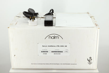 Box of a used Naim Unitiserve 2TB Music Server showing mains cable and manual
