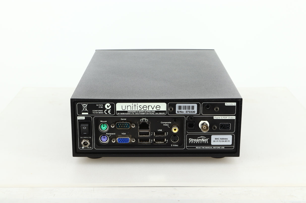 Rear view of a used Naim Unitiserve 2TB Music Server showing mains input, mouse, keyboard, serial, VGA, ethernet, USB, composite video, and S video inputs, and S/PDIF output