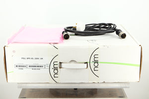 Box of a used Naim XP5 XS Power Supply fascia showing manual, mains cable, and burndy lead