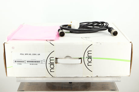 Box of a used Naim XP5 XS Power Supply fascia showing manual, mains cable, and burndy lead