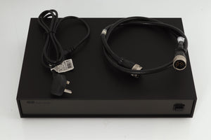 Top of a used Naim XPS Power Supply in a black finish showing Mains Cable and Burndy Cable