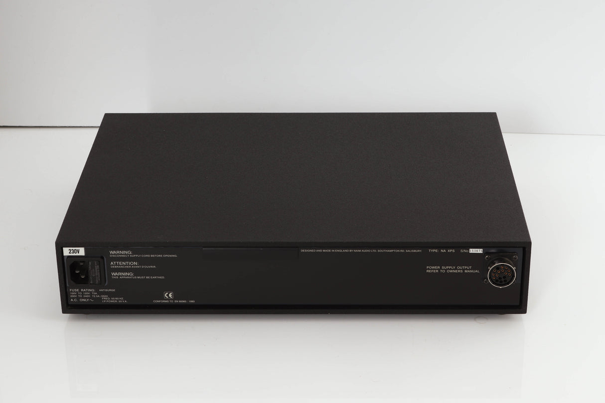 Rear view of a used Naim XPS Power Supply in a black finish showing Mains Input and Power Supply Output