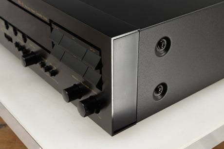Front right corner of a used Nakamichi DR-10 Cassette Deck in a black finish