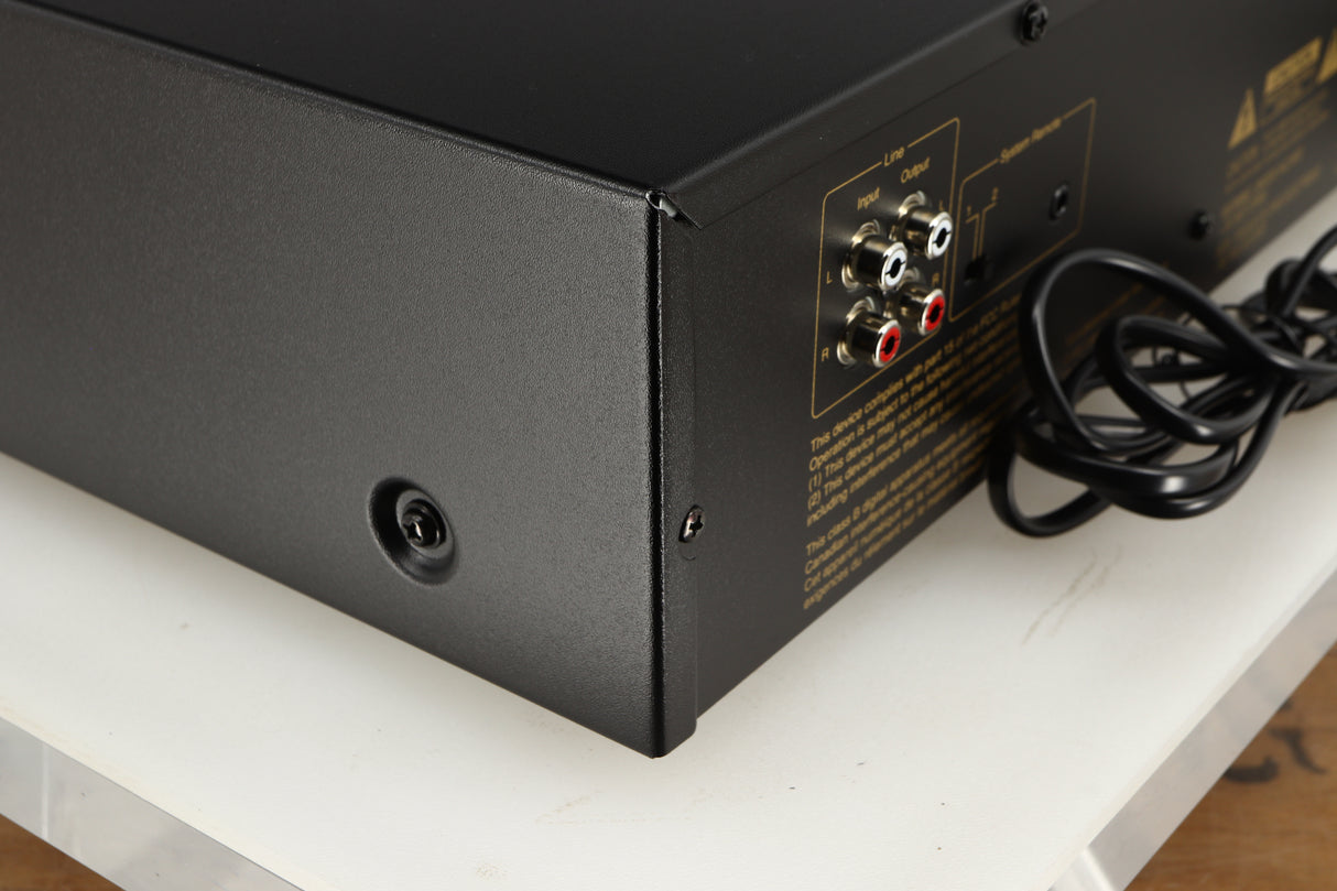 Rear right corner of a used Nakamichi DR-10 Cassette Deck in a black finish