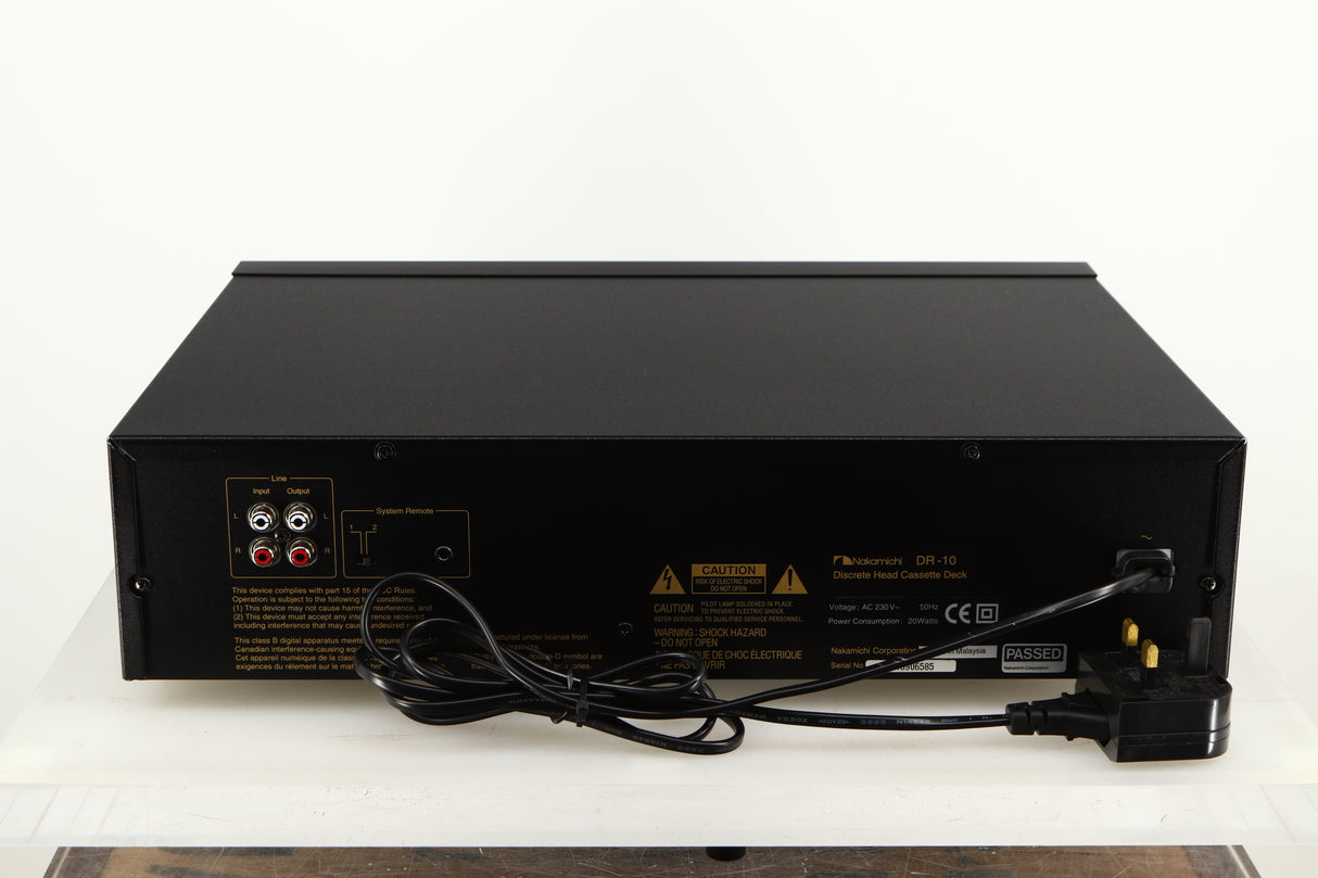 Rear view of a used Nakamichi DR-10 Cassette Deck in a black finish showing Phono Inputs and Phono Outputs