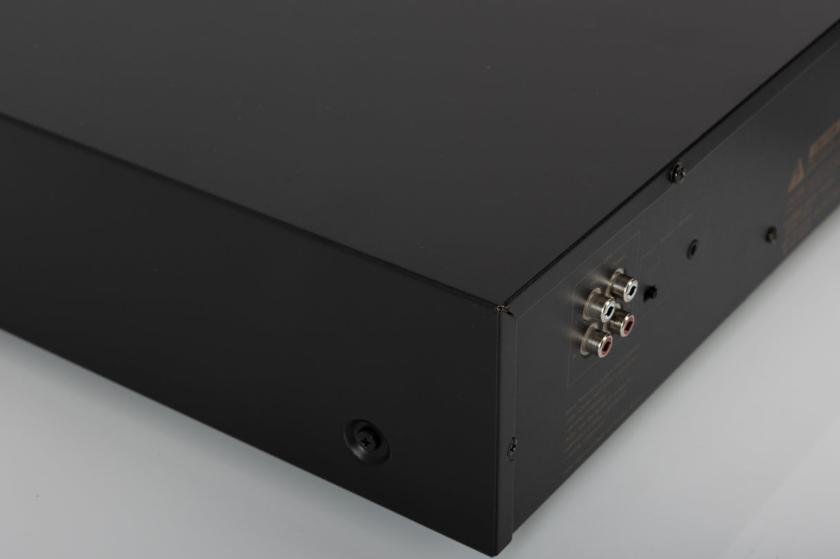 Rear right corner of a used Nakamichi DR-3 Cassette Deck in a black finish