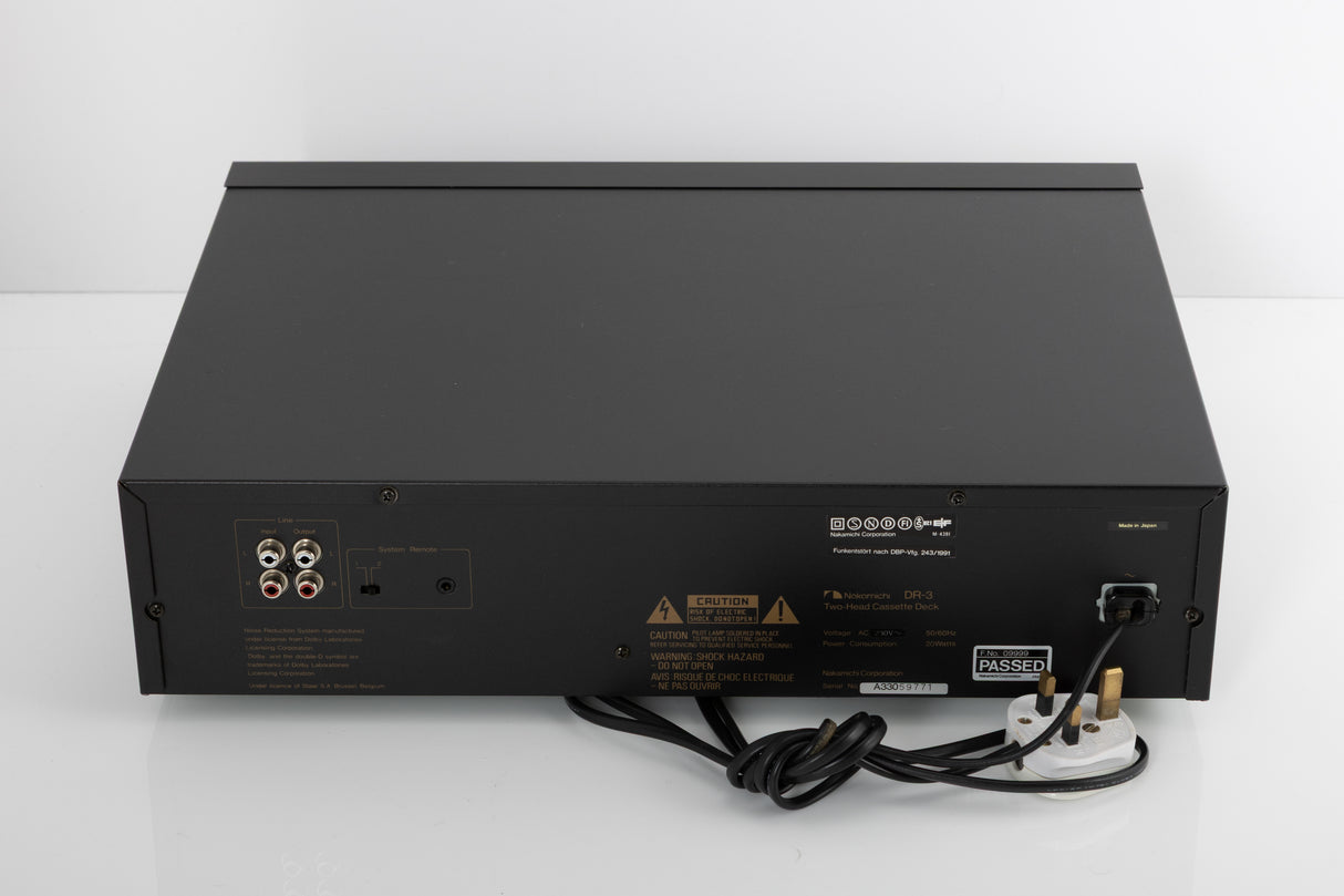 Rear view of a used Nakamichi DR-3 Cassette Deck in a black finish